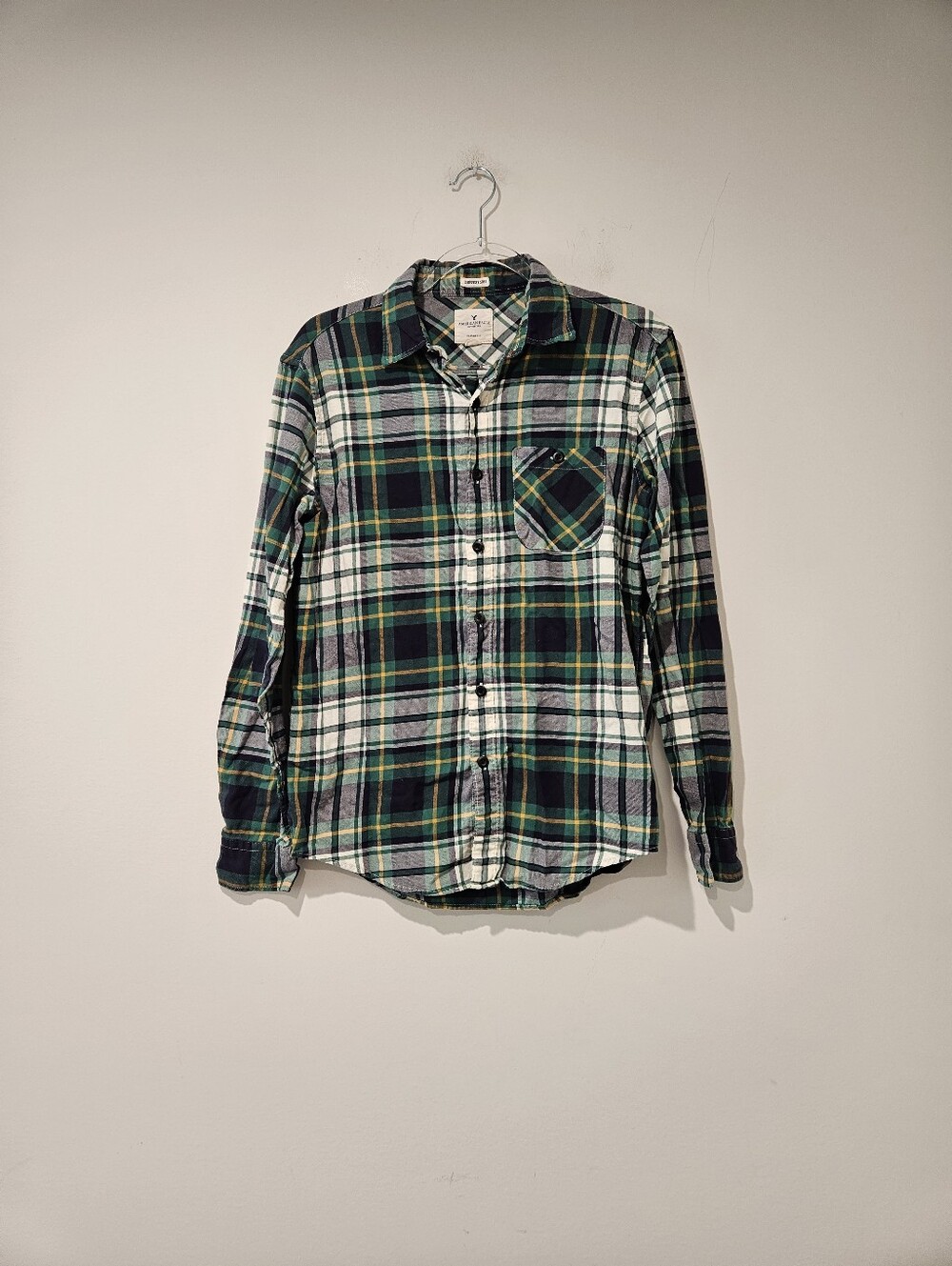 American Eagle Outfitters Women's Green and White Plaid Button-Down Shirt,Small
